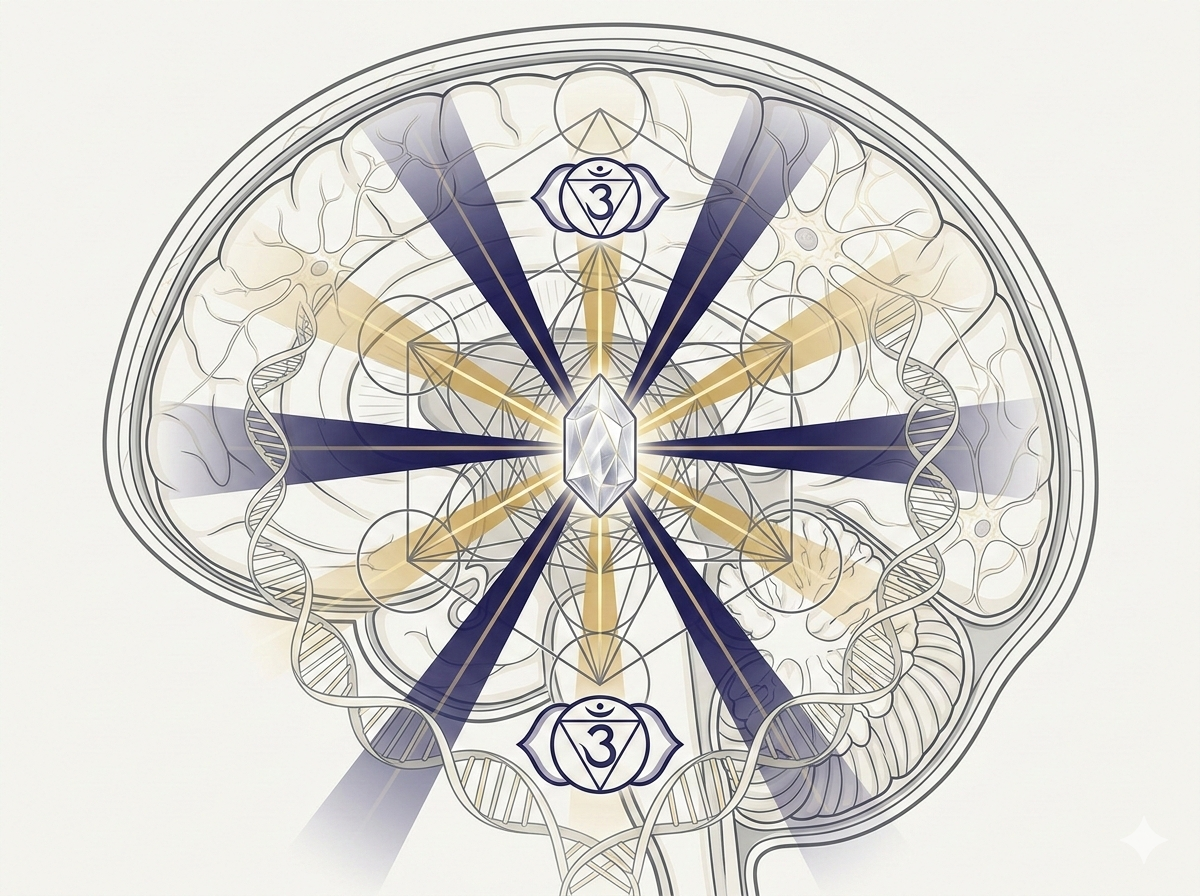 A majestic conceptual header illustration representing the Third Eye and the pineal gland as the bridge between ancient mysticism and modern evolutionary biology